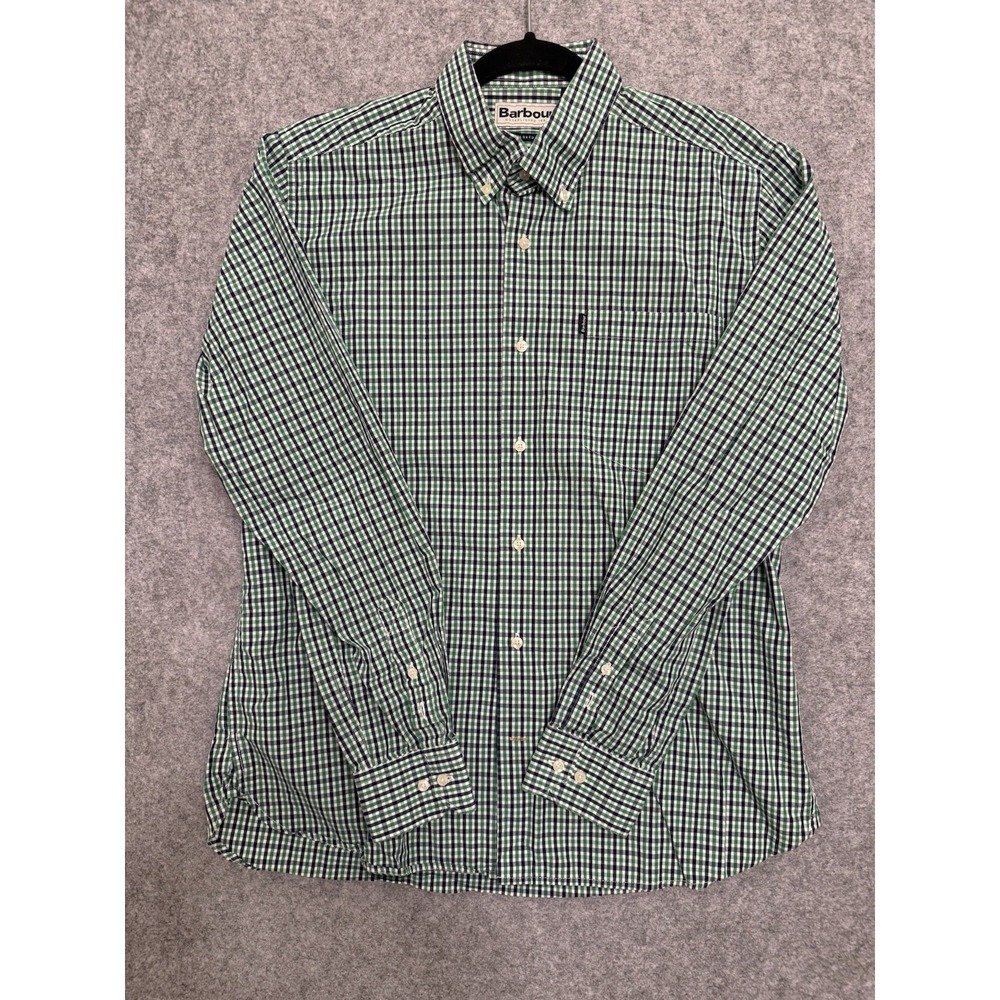 Barbour Mens Tailored Fit Gingham Shirt Green Navy White Button Down L Estimated